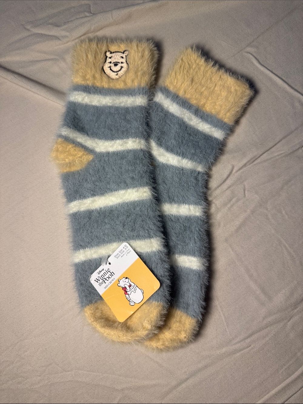Disney Winnie the Pooh Blue, Cream & Yellow Fuzzy Striped Socks